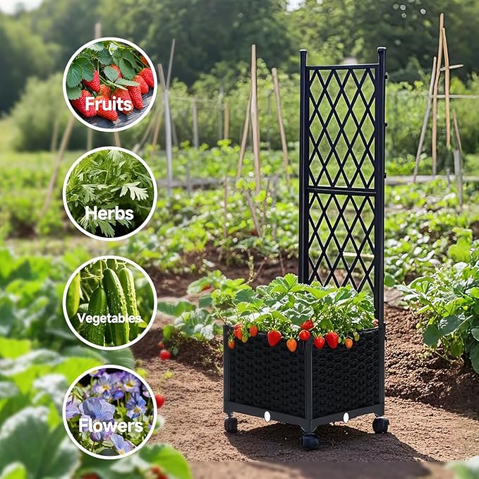 lalahoni Planter with Trellis 4ft Tall Trellis Planter Box with Lockable Wheels for Outdoor Plants Tomato Flower Vegetable Herb Vine Resin Self-Watering Raised Bed with Trellis &amp Drainage Hole