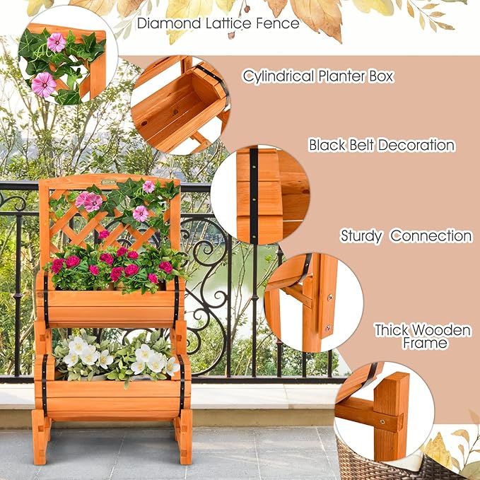 Giantex Raised Garden Bed with 2 Barrel Planters &amp Trellis 2-Tier Freestanding Wooden Raised Bed for Vegetable Flower Fruit Indoor Outdoor Plant Box for Garden Yard Balcony