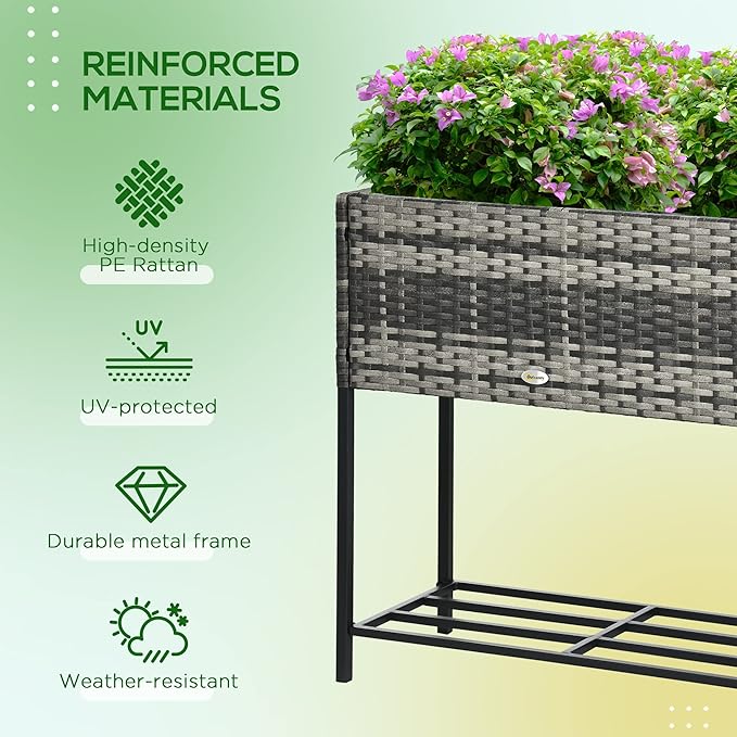 Raised Garden Bed Elevated Planter Box with Rattan Wicker Look Tool Storage Shelf Portable for Herbs Vegetables Flowers Gray
