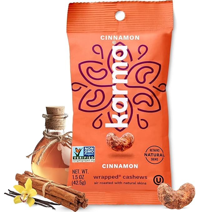 Cinnamon Cashews with Skin by Karma Nuts Whole Sweet Roasted Vegan Gluten Free Low Net Carb Natural Everyday Nut Snack 1.5 Ounce (12 Snack Packs)