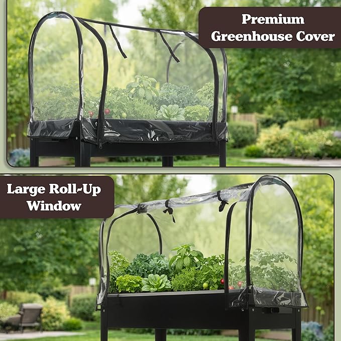 Raised Garden Bed with Cover - 31.5”x15.75”x47.25” Metal Elevated Planter Box with Legs Greenhouse Cover Wheels and Storage Shelf - for Growing Flowers Vegetables or Herbs by Pure Garden (Black)