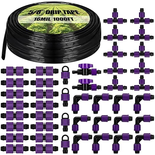 Tondiamo 1000' 5/8 Inch Drip Tape Irrigation Tubing Kit 16 Mil 6 Spacing Garden Hose Watering Tube Line Automatic Equipment for Garden Irrigation System Farms Landscape Lawn