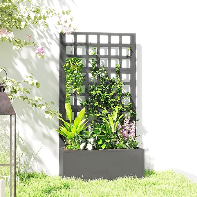 Outsunny Galvanized Raised Garden Bed with Trellis Metal Planter Box with Drainage Holes Outdoor Privacy Screen for Climbing Plants Vegetable Vines 24 x 9 x 44.5 Gray