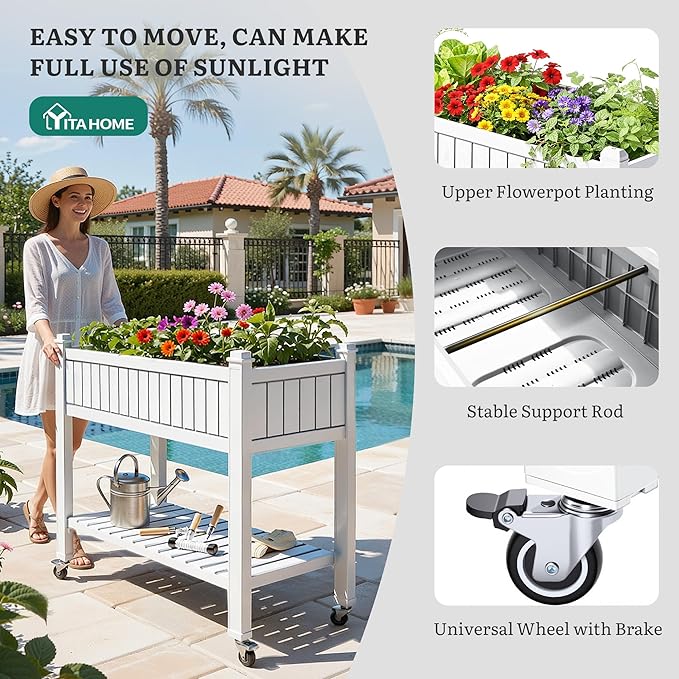 YITAHOME 42.5x17.3x35.4 in Raised Garden Bed Outdoor Plastic Planter Box with Wheels Legs Drain Plug and Storage Shelf for Plants Vegetables Flowers Herbs White