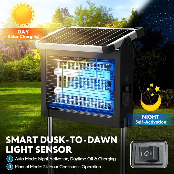 Solar Bug Zapper Outdoor Waterproof Mosquito Zapper Outdoor Solar Powered 4500V Electric Bug Zapper Indoor w/Smart Light Sensor Mosquito Trap Fly Zapper for Patio Kitchen Garage Yard Camping