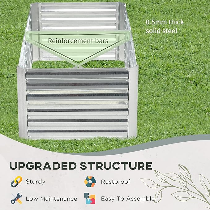 Galvanized Raised Garden Bed Kit with Reinforcing Bars Large and Tall Metal Planter Box for Vegetables Flowers and Herbs 6' x 3' x 2' Silver