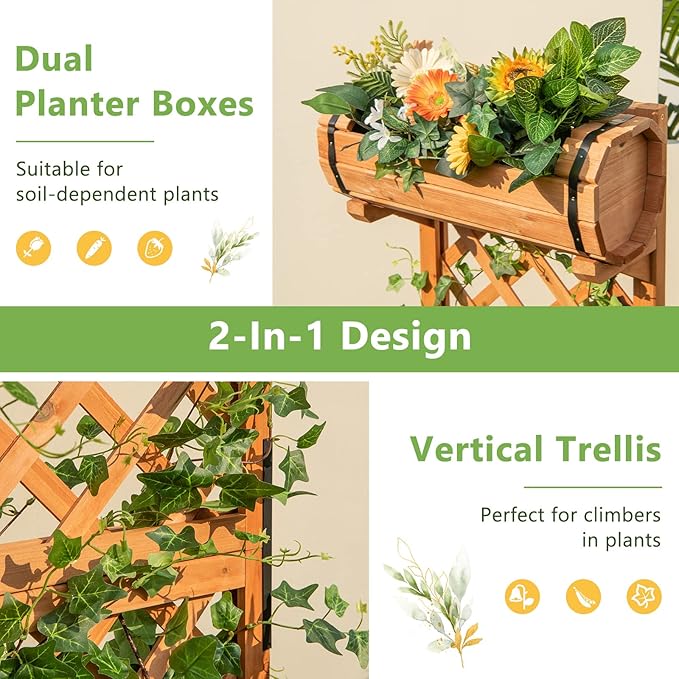 HAPPYGRILL Raised Garden Bed with Trellis Removable Planter Boxes with 2-Tier Round Planter Box &amp Lattice Trellis Vertical Wood Raised Flower Bed for Vine Climbing Plants (18 L x 14 W x 44.5