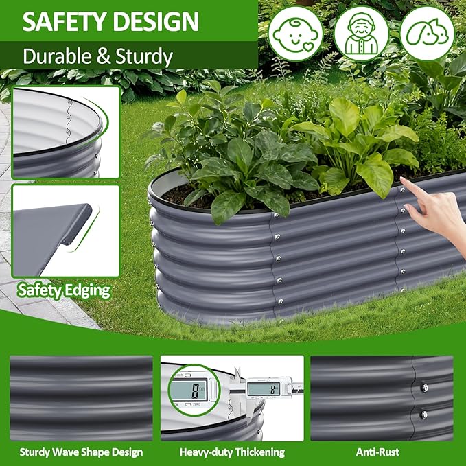 Gruper Galvanized Raised Garden Bed 8×2×1.4 ft Tall Oval Large Metal Planter Raised Garden Boxes Outdoor for Vegetable Fruits Flower Herb Anti-Rust and Sturdy &amp Easy-Setup