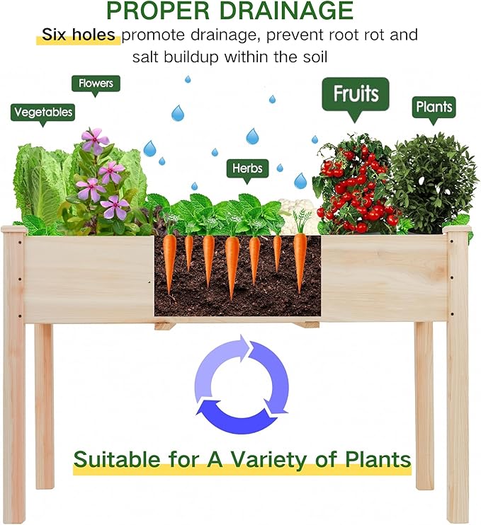 Elevated Raised Garden Bed 48.7”L x 23.1”W x 30.7”H Wooden Planter Box with Legs 210LBS Capacity Non-Woven Liner &amp 6 Drainage Holes for Backyard Patio Balcony Vegetables Flowers Herbs