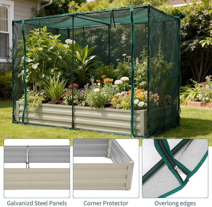 Galvanized Raised Garden Bed with Cover and Shade Cloth Kit Open Base Design Outdoor Metal Planter Box for Growing Vegetables Vegetables8 x 4 x 1 ft