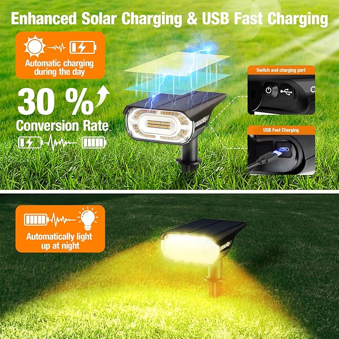 2 Pack Solar Spot Lights Outdoor 1000 Lumens 64 LEDs IP67 Waterproof Landscape Lighting with 4 Modes - 2-in-1 Solar Spotlight &amp Pathway Light for Garden Yard Patio Decor Warm White