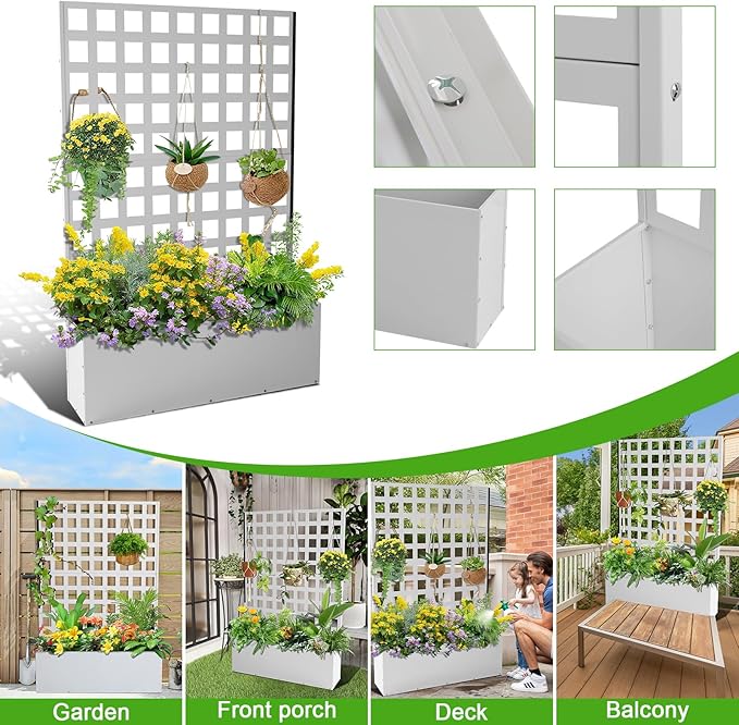 Metal Raised Garden Bed with Trellis - Tall Trellis Planter Box for Climbing Plants Vegetables &amp Vines Outdoor Privacy Planters for Patio 72.83x46.46x11.81 White