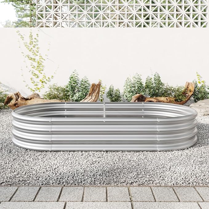Outdoor Raised Garden Bed for Plants Vegetables and Flowers Oval Large Metal Raised Bed Kit Durable Galvanized Planter Boxes for Garden Backyard Easy Assembly (Silver 70.86x35.43x 11.42 in)