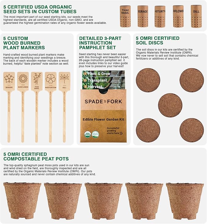 Organic Edible Flower Garden Seed Kit - 23pc Indoor Garden with Soil Pots Plant Markers USDA Organic Non-GMO Seeds &amp Illustrated Instructions - Sunflower Borage Thai Basil Dill Nasturtium