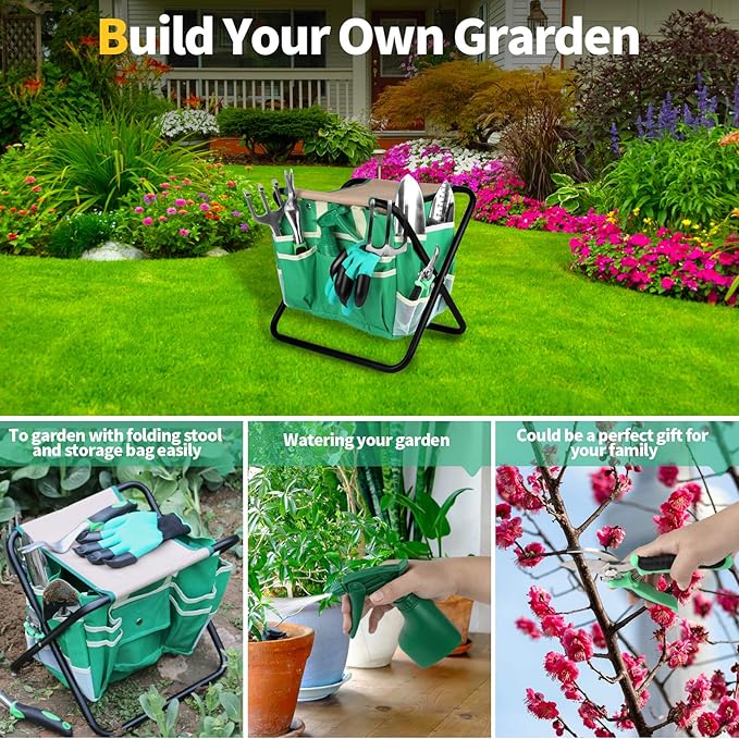 Kitness 9 PCS All-in-One Garden Tools Set Heavy-Duty Cast-Aluminum Gardening Kit with Folding Stool Seat and Detachable Canvas Tool Bag Durable Hand Tools Gift Set for Gardening Lovers