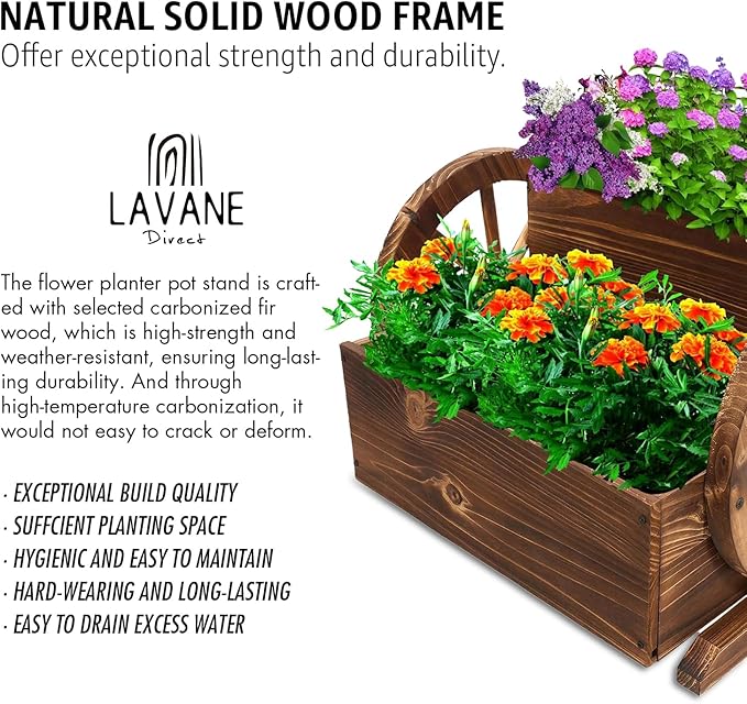 La Vane Wood Wagon Planter Box Wooden Rustic Garden Flower Planter Pot Stand DIY Rolling Cart Wheelbarrow Raised Bed with Wheels &amp Drainage Hole for Indoor Outdoor Décor Patio Balcony Backyard