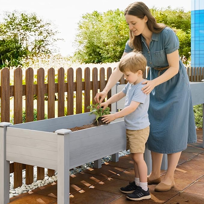 Outsunny 2 Tier Raised Garden Bed Elevated Wooden 2 Box Planter Gardening Grow Stand Planting Bed for Flowers Vegetables Herb Gray