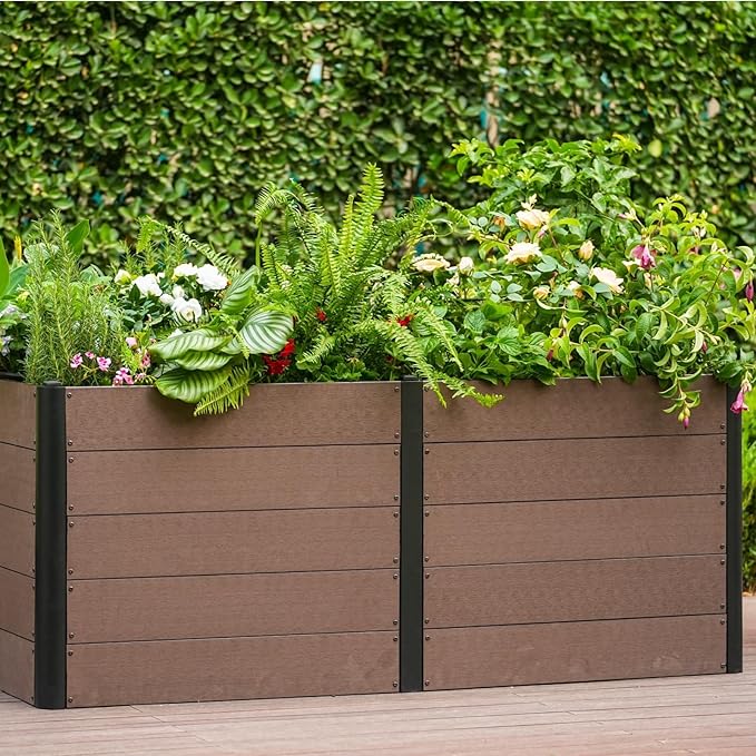Wood Raised Garden Bed 48x25x29 in Tall Outdoor Planter Box with Bottom Deep Root Elevated Garden Bed for Vegetables Herbs Flowers All-Weather Composite Rectangle Planter for Patio Backyard