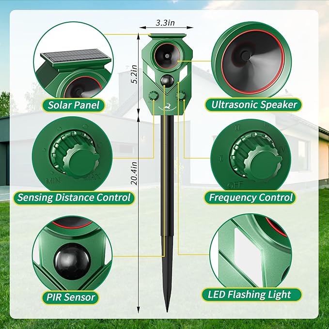 Solar-Powered Ultrasonic Animal Repellent with Motion Sensor Perfect for Outdoor Yards Deer Repellent Device with LED Flashing Lights Effective to Repel Deer Coyotes Raccoons and Cats