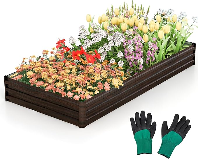 Giantex 8x4x1ft Metal Raised Garden Bed Planter Box with Protective Edges Gloves Outdoor Raised Bed for Vegetables Flowers Fruit Herb Plant Garden Container for Lawn Backyard Patio