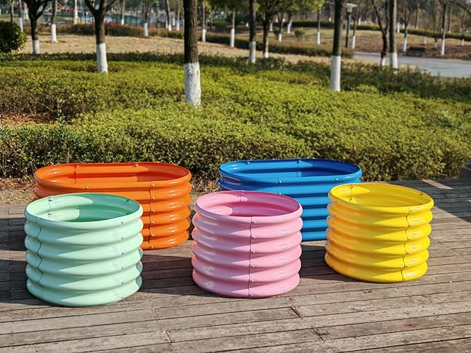 A ANLEOLIFE 5-Pack 18in Tall Kids Mini Raised Garden Beds Outdoor 40x24in Oval &amp 24x24in Round Galvanized Metal Planter Box for Planting Vegetables Flowers Fruits Eco-Safe &amp Easy Setup