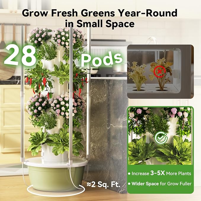 BAOSHISHAN Hydroponics Growing Tower 7-Layer 28pod Hydroponic Tower with Foldable LED Light Space-Saving Indoor Vertical Hydroponics Growing System for Vegetable Herb Fruit