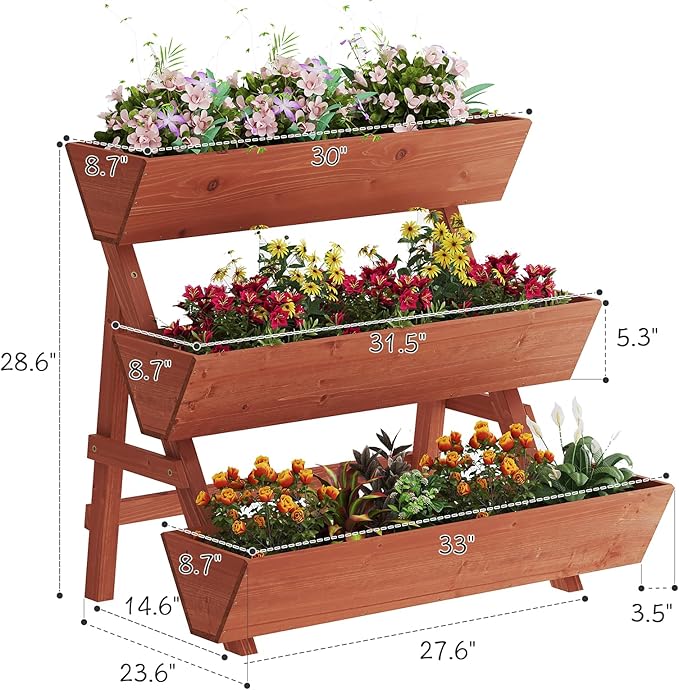 3-Tiers Wooden Raised Garden BedWood Planter Box for VegetableFlower RackFlower Pot StandsIndoor Outdoor Gardening Planting Beds (Brick red Large)