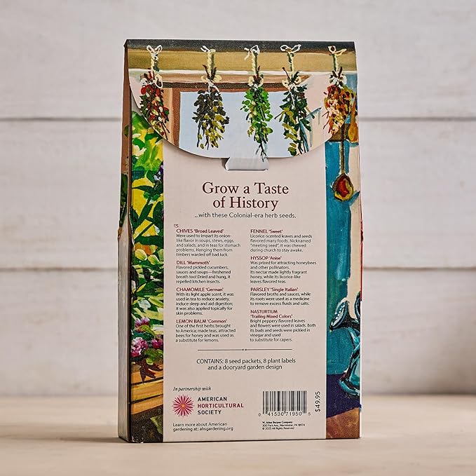 Burpee 'A Colonial Dooryard Herb Garden' – Heritage Kitchen Herb Starter Kit with 8 Non-GMO Seeds Plant Labels &amp Dooryard Garden Design Card