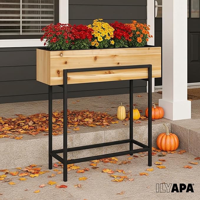 Ilyapa Raised Standing Planter with Legs Metal and Wood Elevated Planter Box 33x35.5x7 Indoor Outdoor Perfect for Living Room Front Porch