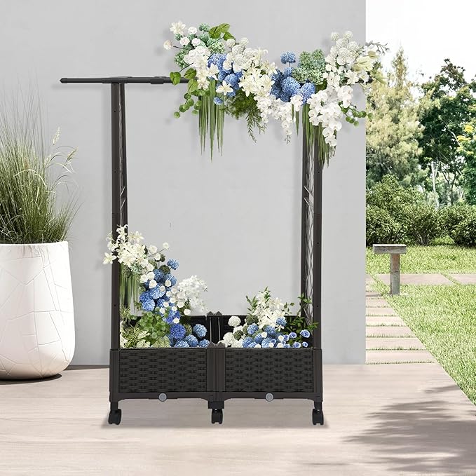 DYNAMI Raised Garden Bed with Wheels and Sided Trellis &amp Hanging RoofMultifunctional Rolling Planter Box Outdoorwith Drainage Holes31.5”x15.7”x51” (L x W x H)