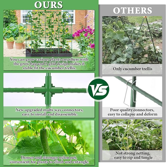 50x65x18 Inch Cucumber Trellis for Raised Bed - with 46 Gallon Grow Bags Garden Trellis for Climbing Plants Outdoor with Climbing Net and Plant Support for Cucumber Tomato Vegetable Grape Vine