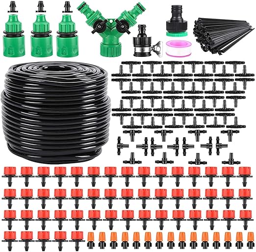 Garden Automatic Irrigation System 164FT 200 Pack Drip Irrigation Kit 1/4 Blank Distribution Tubing Watering Drip Kit Automatic Irrigation Equipment for GardenPatioGreenhouse Flower BedLawn
