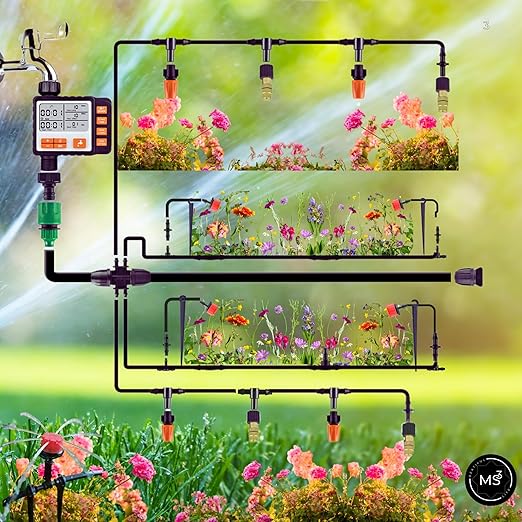 Drip Irrigation System Kit with Timer Metal Mist Plastic Mist Nozzle Red Dripper 1/4 (65.6 feet) and 5/16 Tube (32.8 feet)Automatic Watering System Garden Watering System with Timer Greenhouse