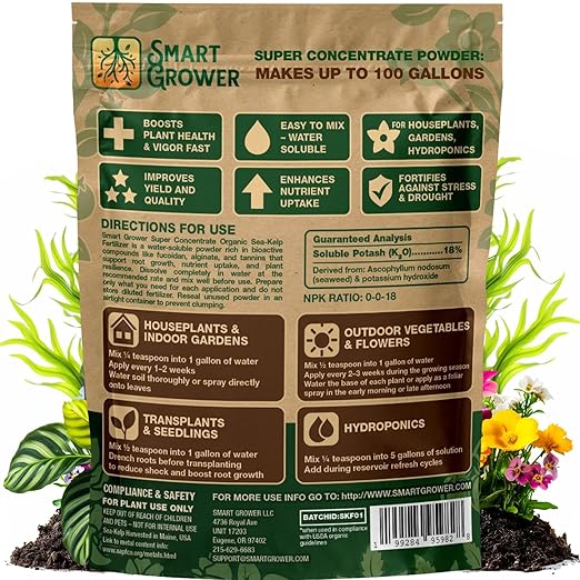 Organic Sea Kelp Fertilizer for Plants – Water-Soluble – Makes 100 Gallons – Kelp Meal Concentrate Plant Food – for Indoor Gardens Hydroponics Vegetables Houseplants - Smart Grower - 4oz Bag