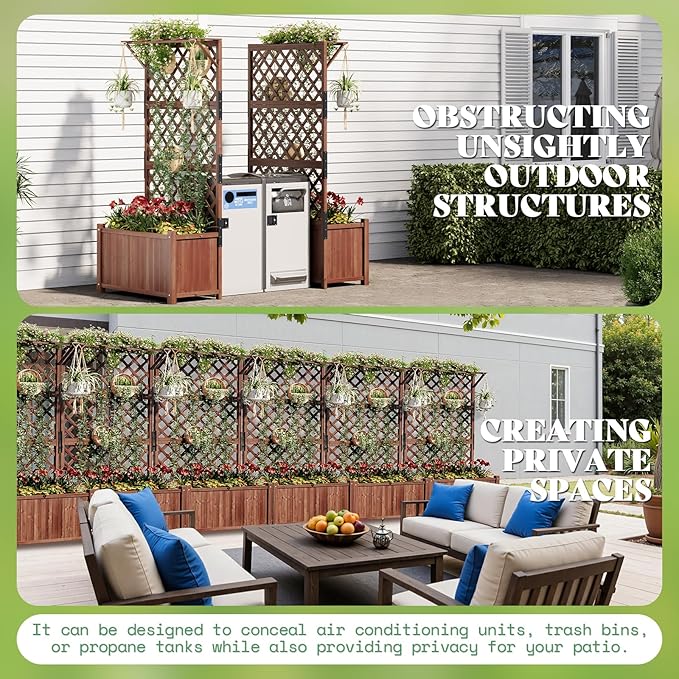 AMERLIFE Raised Garden Bed with Trellis for Vegetables Climbing Plants Durable Natural Wood Planter Box with Drainage Holes Privacy Planter for Outdoor Yard &amp Patio Easy Assembly