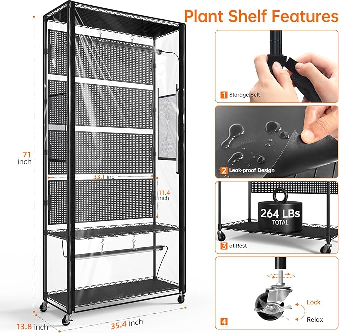 Bstrip Indoor Greenhouse Cabinet with Pegboard Indoor Greenhouse with Grow Light 4 Pack 96W Full Spectrum Plant Lights Ideal for Indoor Plant Foliage Plants 35.4x13.8x71