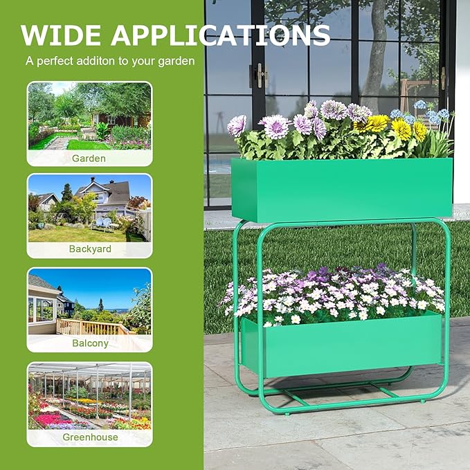 kinbor 2 Tier Elevated Raised Garden Bed Outdoor - Set of 2 Durable Planter Boxes for Vegetables Flowers &amp Herbs (29” Tall Rust-Resistant Steel Green)