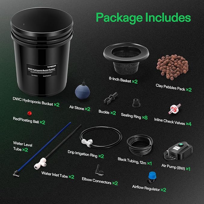 VIVOSUN DWC Hydroponics Grow System with Top Drip Kit 5-Gallon Deep Water Culture Recirculating Drip Garden System with Multi-Purpose Air Hose Air Pump and Air Stone (2 Buckets + Top Drip Kit)