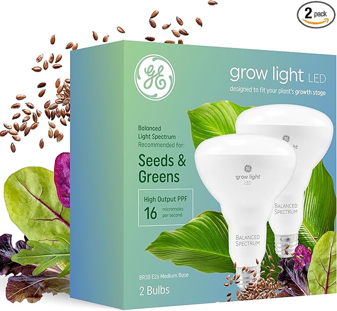 GE Grow Lights for Indoor Plants BR30 Indoor Floodlight LED Light Bulbs for Seeds and Greens with Balanced Spectrum 25000 Hours Lifespan 16 PPF 2 Pack (Packaging May Vary)