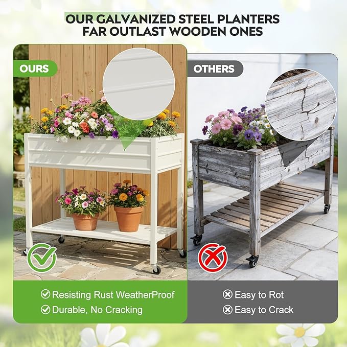 ZORMY 32 Tall Galvanized Raised Garden Bed with Legs Wheels &amp Shelf Elevated Planter Box Outdoor for Vegetables Herbs &amp Flowers Patio &amp Backyard Garden Bed with 400lb CapacityWhite