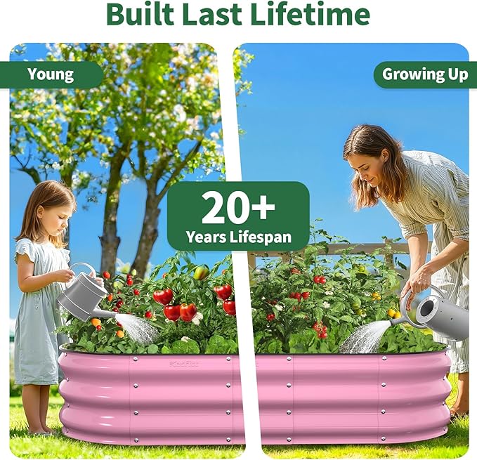 Kesfitt Raised Garden Bed 4x2x1 FT Galvanized Steel Metal Raised Garden Bed Oval Open-Bottom Design 12-Inch Deep for Outdoor Vegetable &amp Herb Gardening Blushing Pink