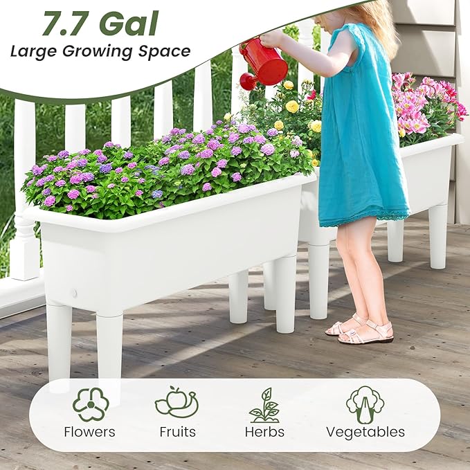 Raised Garden Bed Set of 2 31.5 x 12 x 16 Self-Watering Planter Box w/Removable Legs &amp Drainage Holes Plastic Rectangular Garden Bed for Flowers Herbs Backyard Patio Balcony (White)