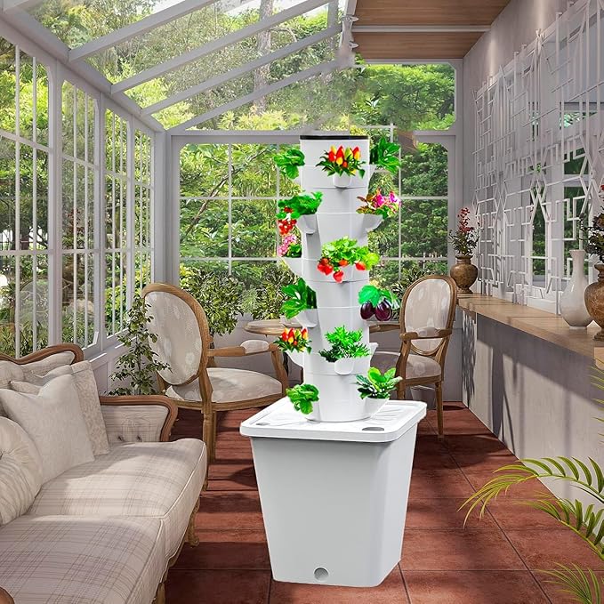 Hydroponics Tower Grow Kit - 25 Holes Aeroponics System with LED Grow Lights for Fruits &amp Seeds - Indoor Garden Seeding Bed &amp Aquaponics Planting Solutions