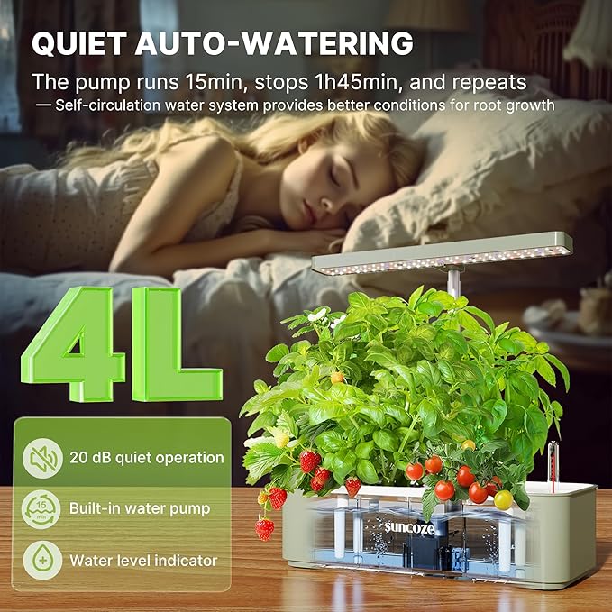 SUNCOZE Hydroponics Growing System Kit 12 Pods 24W LED Grow Light Indoor Garden 4L Water Tank with Quiet Pump Adjustable Height Herb Garden Planter Indoor Kit Gardening Gifts Green