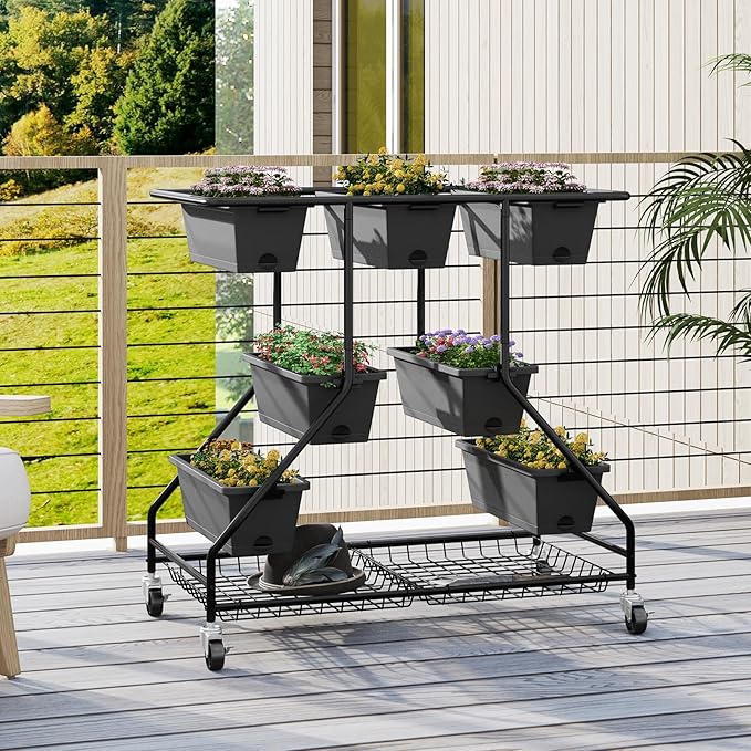 Happygrill 3-Tier Vertical Raised Garden Bed Outdoor Garden Planter w/7 Planter Boxes Drainage Holes 4 Universal Casters Movable Elevated Planter Box w/Storage Shelf Perfect for Flowers Herbs