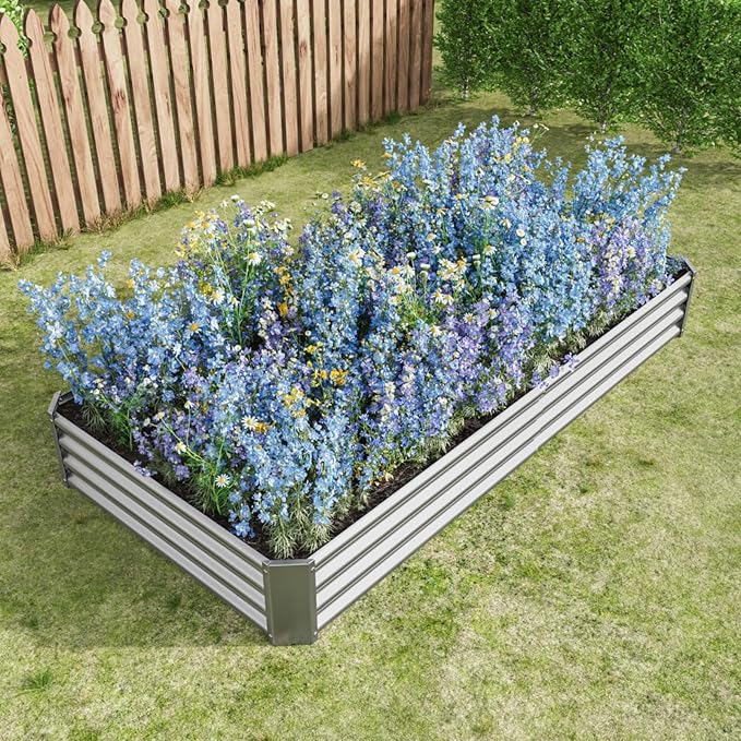 7.6x3.7x0.98FT Metal Raised Bed for Outdoor Flower Planters Vegetables Herb Galvanized Raised Garden Bed Kit Rectangular Large Metal Deep Root Planters with An Open Bottom (Silver with 8x4x1ft)