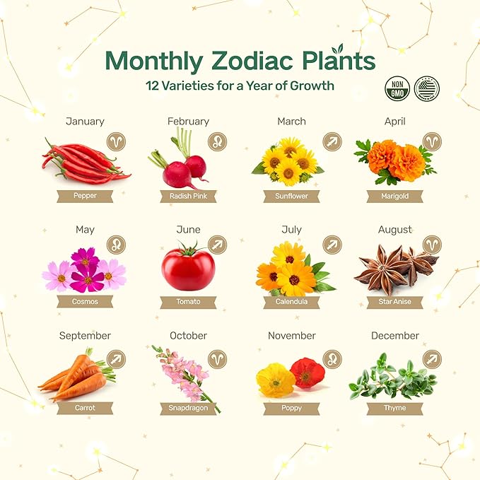 Lush&ampDew Zodiac Garden Seed Bank Gardening Gifts for Women Men 12 Varieties Non-GMO Heirloom Vegetables Flower Seeds Witchcraft Supplies with Moon Calendar for Fire Signs USDA Zone 3-11