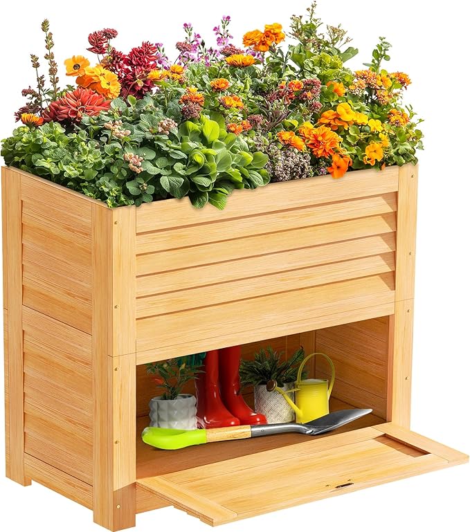 SUNYRISY Wooden Raised Garden Bed with Storage Box 34 L x 18 W x 30 H Elevated Large Planter Box for Planting Herb Vegetable Flower Outdoor Indoor Wood