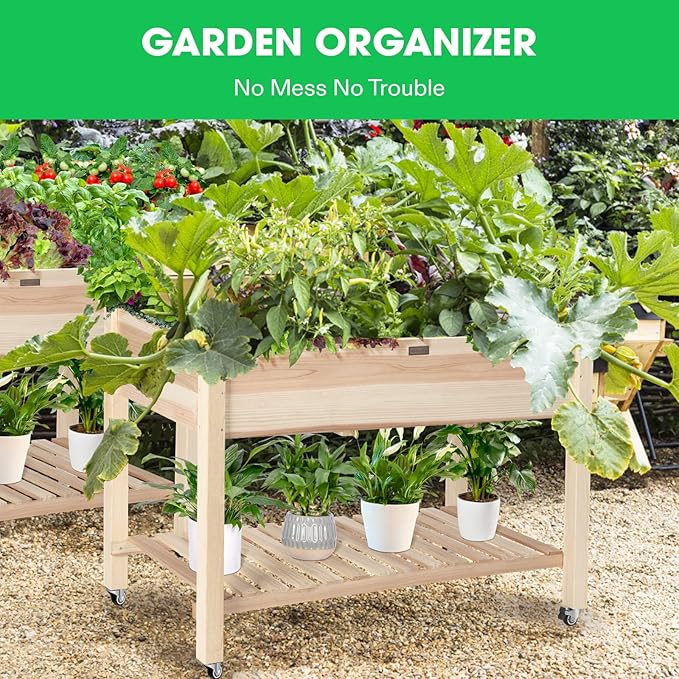 VIVOSUN Elevated Wooden Raised Garden Bed 46 x 24 x 32 Inches Mobile Outdoor Planter Box with Storage Shelf and Protective Liner for Outdoor Use with Lockable Wheels