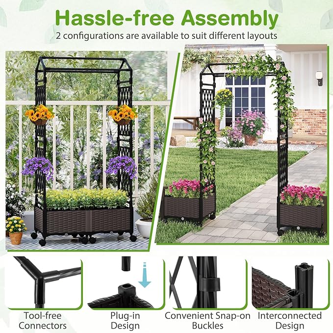 Giantex Planter Boxes with Arch Trellis 5FT Self-Watering Tall Raised Garden Bed w/Wheels Hanging Roof &amp Drainage Holes Outdoor Indoor Tomato Planter for Climbing Vines Vegetables (61x16x58)